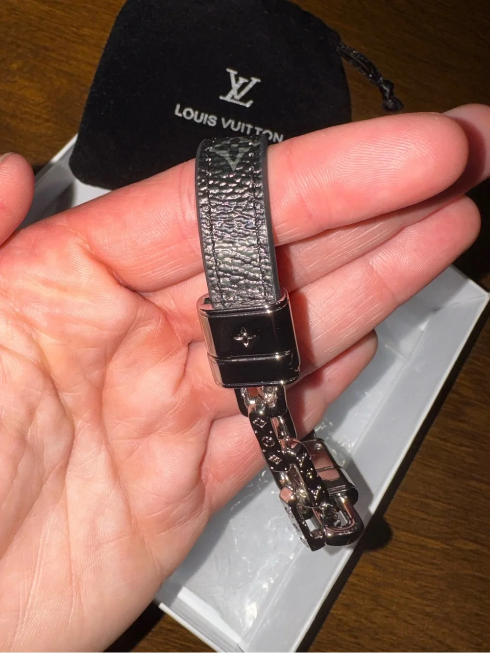 LV Half Black Leather Monogram & Half Silver Monogram Chain Bracelet